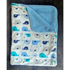 blanket Falls Creek baby white with whales  blue Sherpa lined